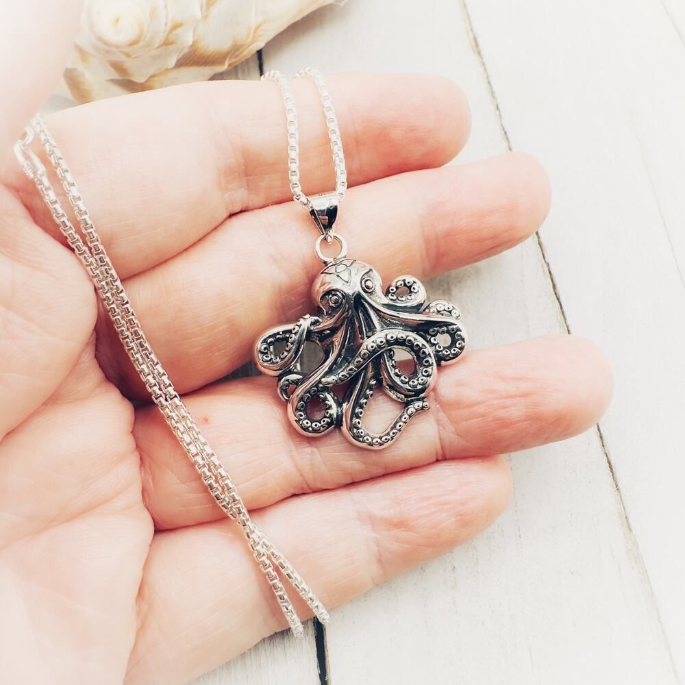 Octopus Sterling Silver Necklace Rounded Box Chain - Picture 7 of 11